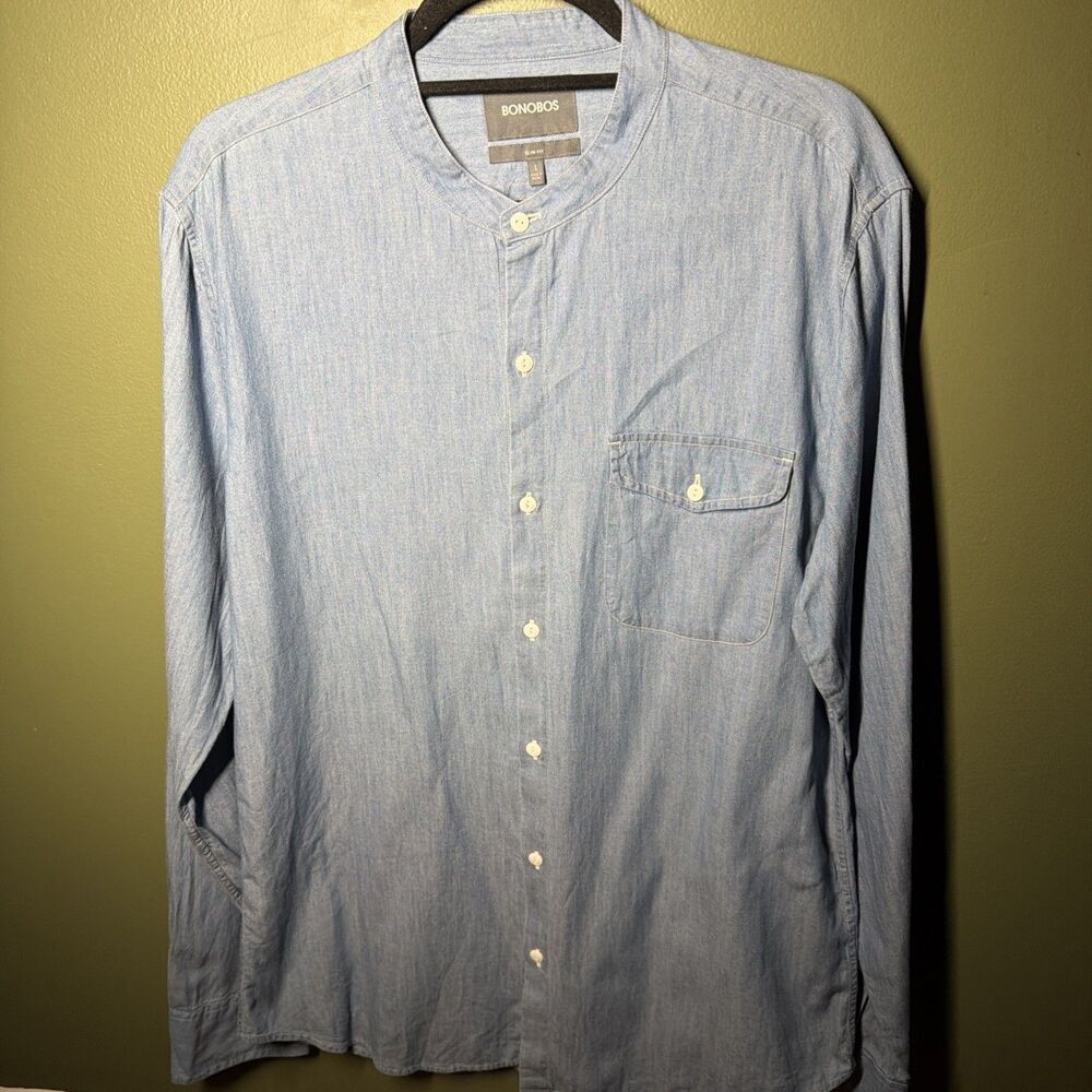 Bonobos Banded Collar Shirt Men's Size Medium Blue Long Sleeves Cotton⁠ Denim